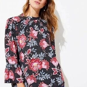 Loft floral top size XS bell sleeve mock neck latticed design on shoulders